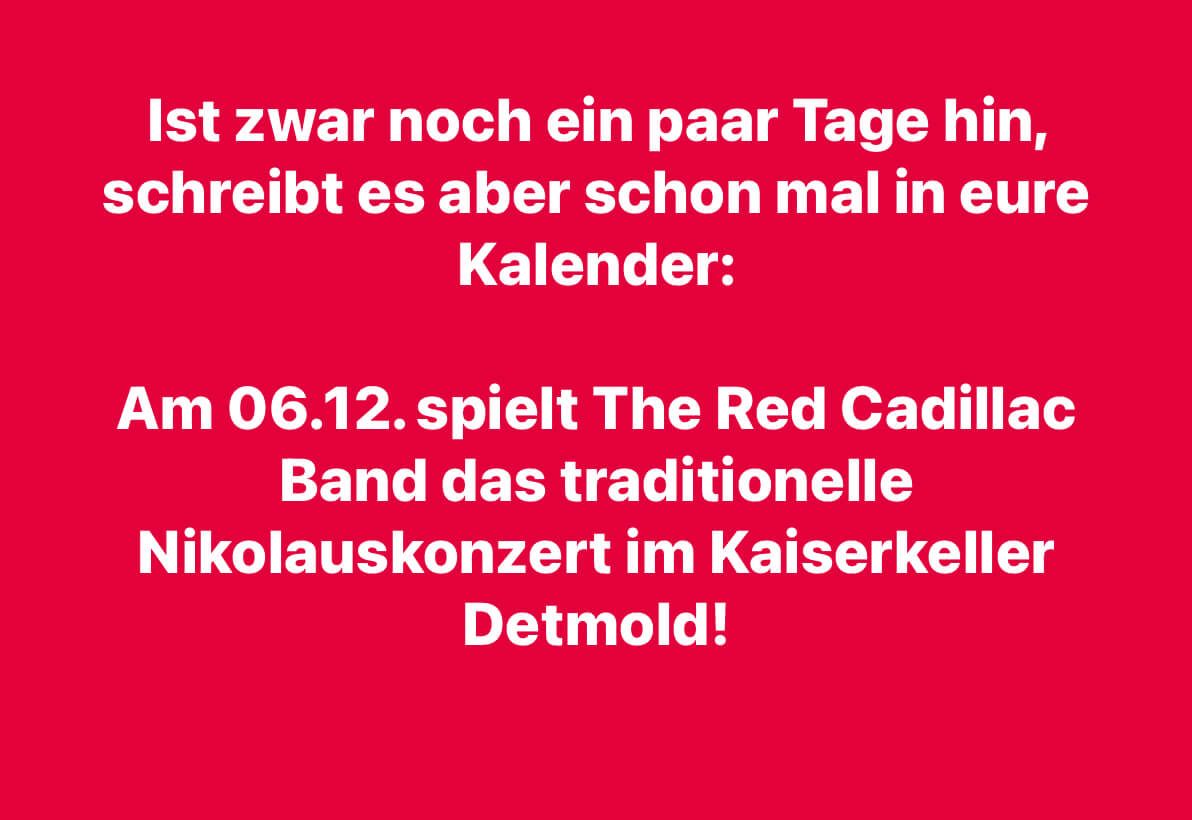 The Red Cadillac Band spielt am 6. Dezember 2024 ein Nikolauskonzert im Kaiserkeller in Detmold